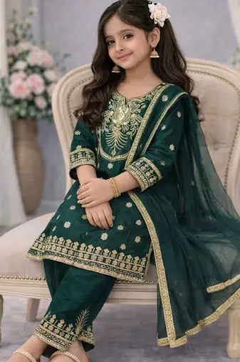 Green embroidered sequence work fendy silk kids kurta set