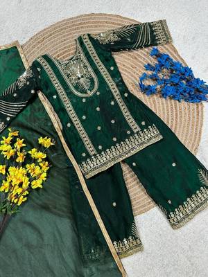 Green embroidered sequence work fendy silk kids kurta set 3
