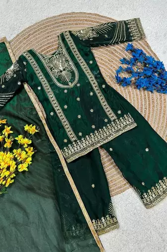 Green embroidered sequence work fendy silk kids kurta set