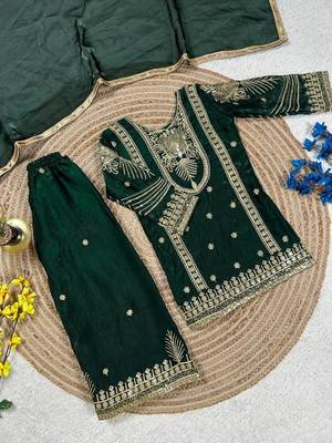 Green embroidered sequence work fendy silk kids kurta set 4