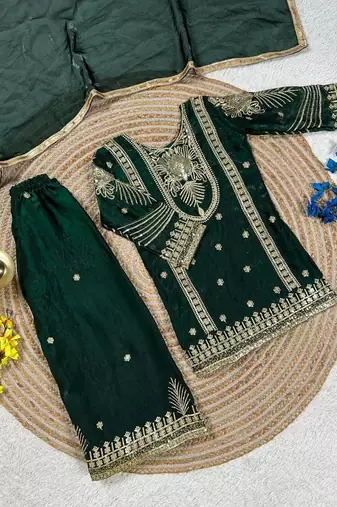 Green embroidered sequence work fendy silk kids kurta set