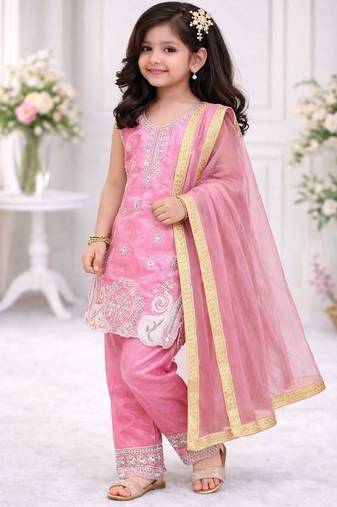 Pink embroidered sequence work fendy silk kids kurta set