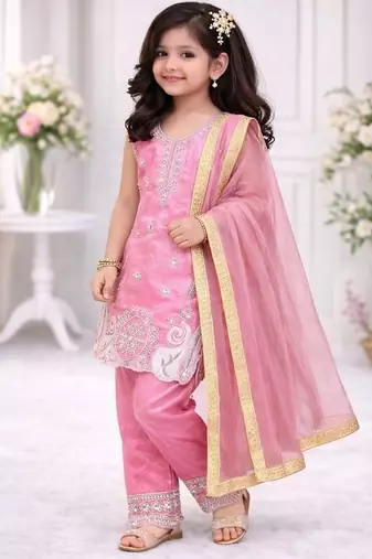 Pink embroidered sequence work fendy silk kids kurta set
