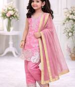 Pink embroidered sequence work fendy silk kids kurta set