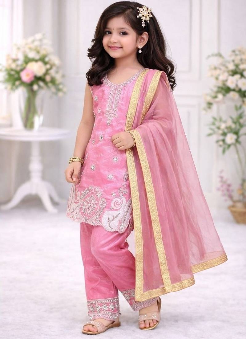 Pink embroidered sequence work fendy silk kids kurta set