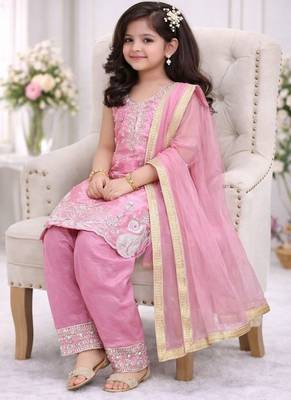 Pink embroidered sequence work fendy silk kids kurta set 2