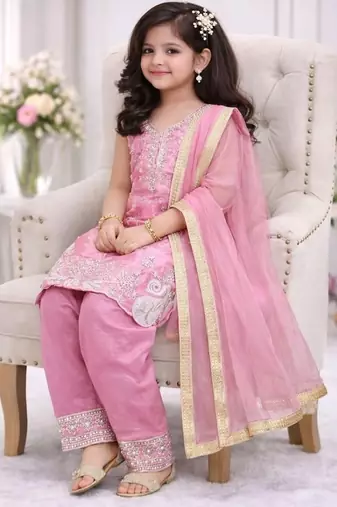 Pink embroidered sequence work fendy silk kids kurta set