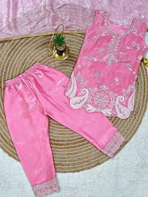 Pink embroidered sequence work fendy silk kids kurta set 3