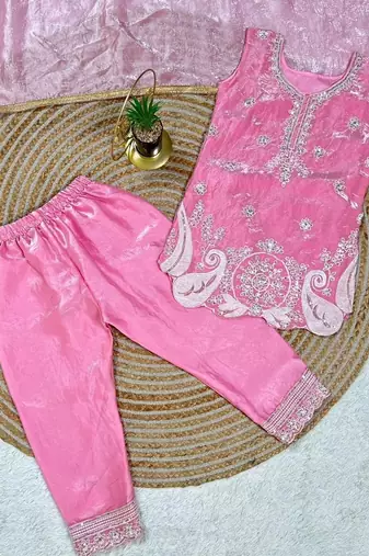 Pink embroidered sequence work fendy silk kids kurta set