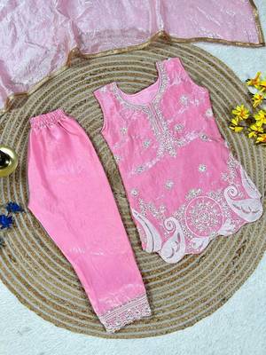 Pink embroidered sequence work fendy silk kids kurta set 4