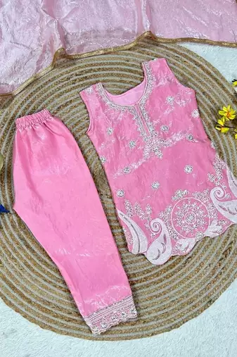 Pink embroidered sequence work fendy silk kids kurta set