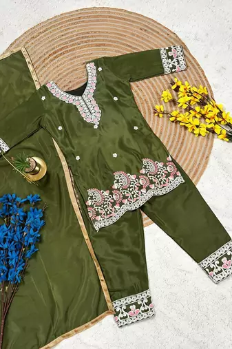 Premium chinon silk kids party wear kurta set