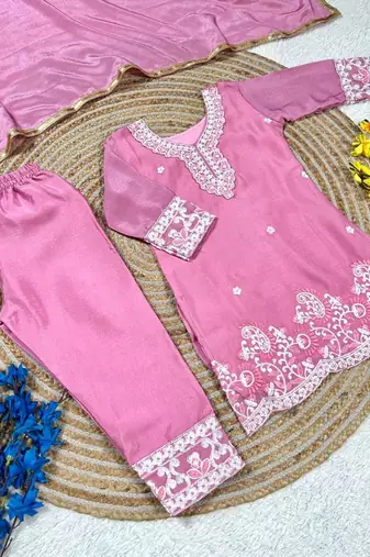 Premium chinon silk kids party wear kurta set