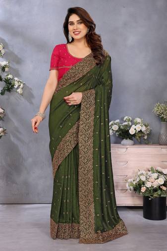 Green soft vichitra silk saree with sequence embroidery work and matching blouse piece