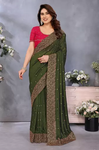 Green soft vichitra silk saree with sequence embroidery work and matching blouse piece
