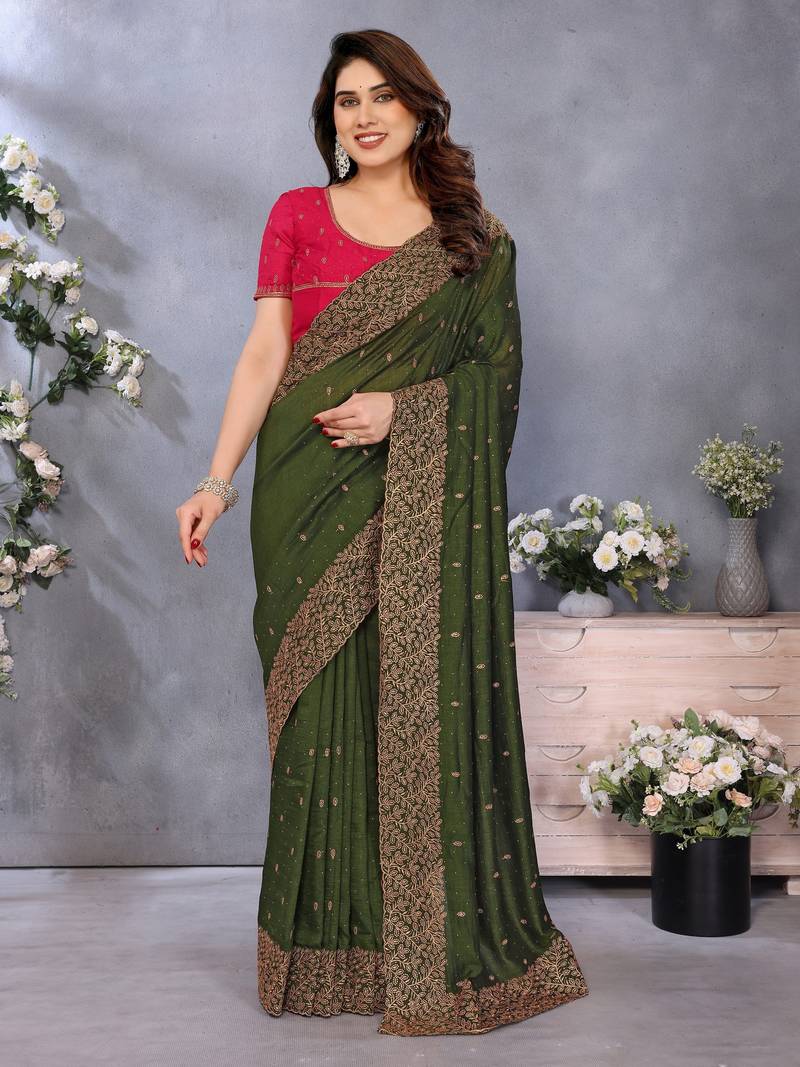 Green soft vichitra silk saree with sequence embroidery work and matching blouse piece