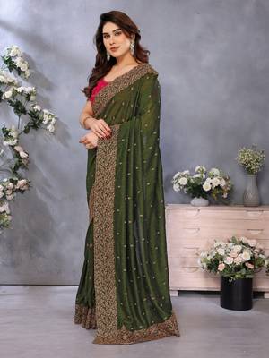 green vichitra silk saree with sequins embroidery work 2