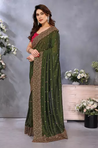 green vichitra silk saree with sequins embroidery work