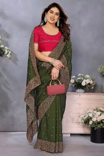 green vichitra silk saree with sequins embroidery work