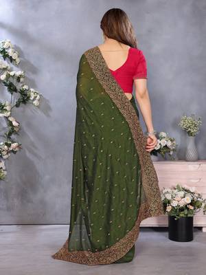 green vichitra silk saree with sequins embroidery work 4