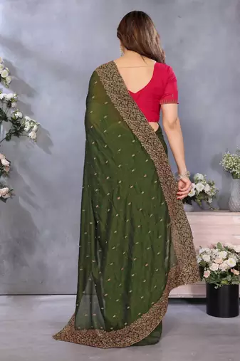 green vichitra silk saree with sequins embroidery work