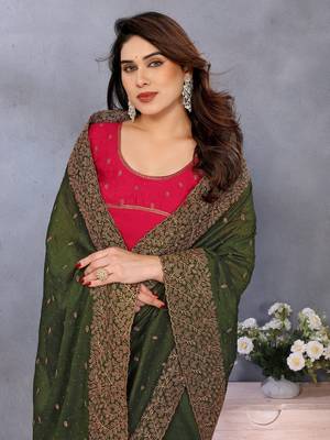 green vichitra silk saree with sequins embroidery work 5