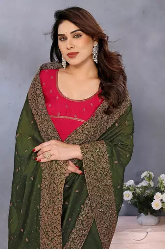 green vichitra silk saree with sequins embroidery work