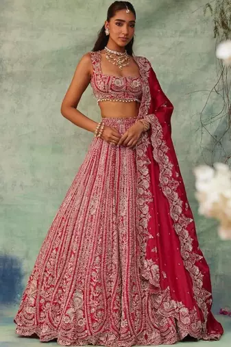 Red Thread Embroidered Boomer Silk Lehenga Set