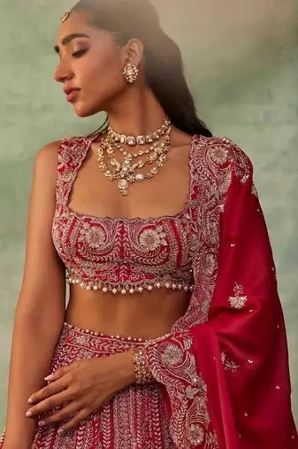 Red Thread Embroidered Boomer Silk Lehenga Set