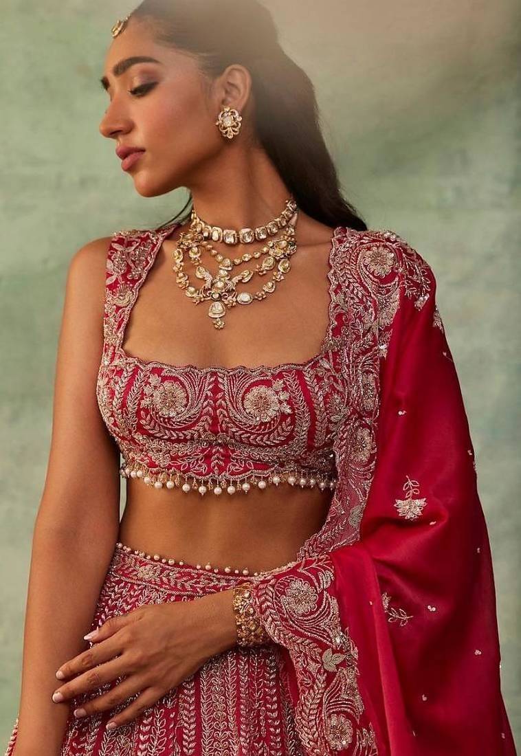 Red Thread Embroidered Boomer Silk Lehenga Set