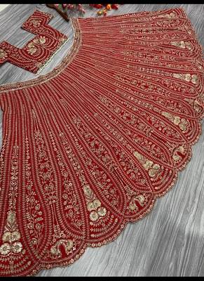 Red Thread Embroidered Boomer Silk Lehenga Set 3