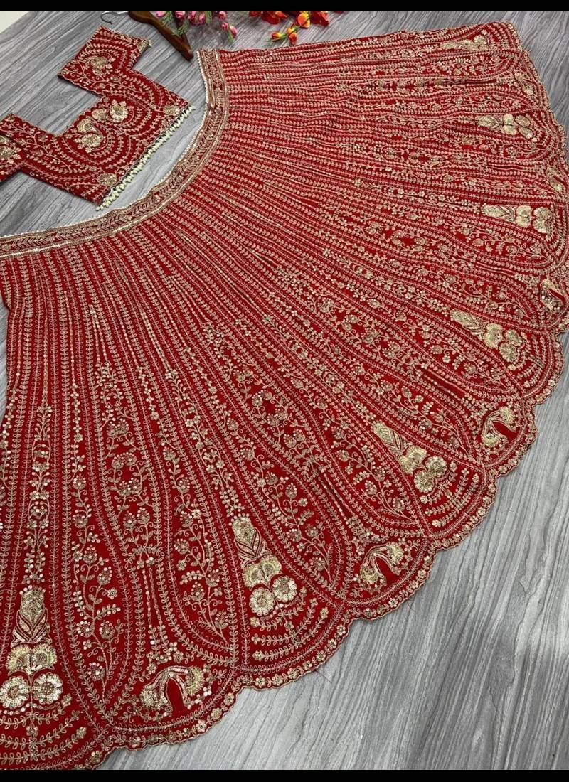 Red Thread Embroidered Boomer Silk Lehenga Set