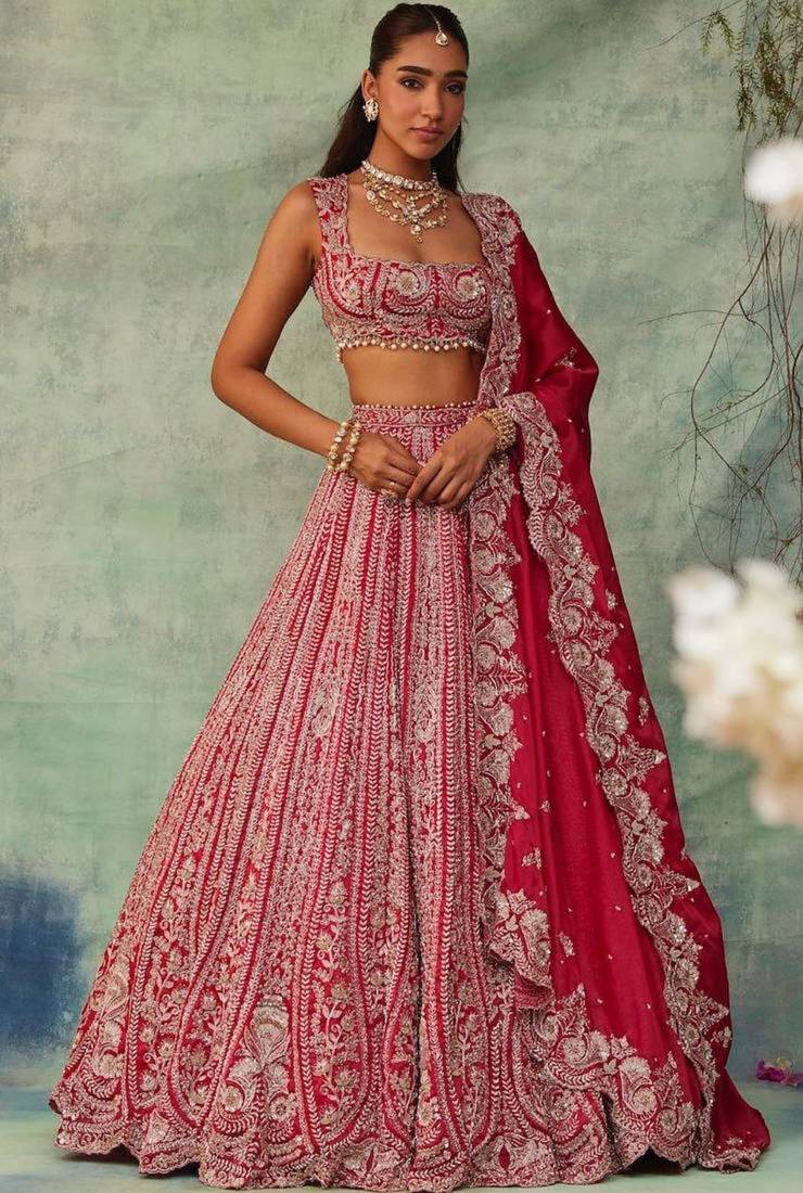 Red Thread Embroidered Boomer Silk Lehenga Set
