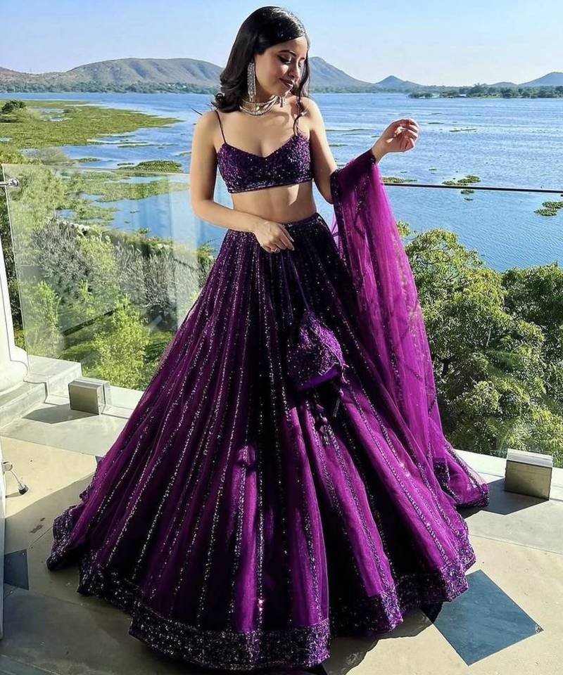 Purple Net Lehenga With Heavy Sequins And Dori Work | Designer Party Wear Wedding Lehenga Choli With Blouse