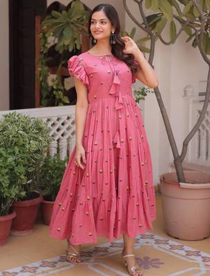 Pretty Pink Floral Embroidered Cotton Office Wear Dress 1