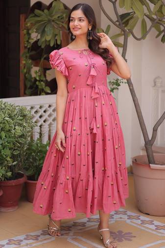 Pretty Pink Floral Embroidered Cotton Office Wear Dress