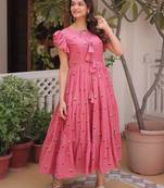 Pretty Pink Floral Embroidered Cotton Office Wear Dress