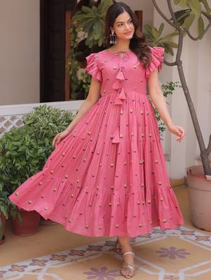 Pretty Pink Floral Embroidered Cotton Office Wear Dress 3
