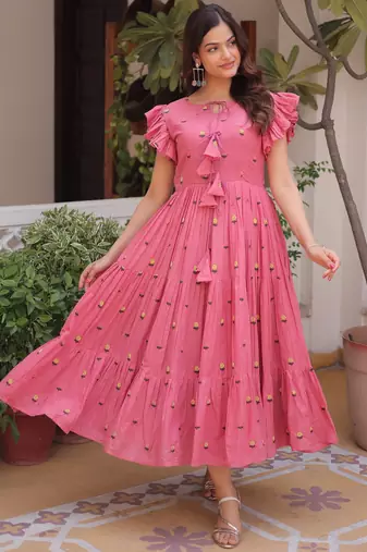 Pretty Pink Floral Embroidered Cotton Office Wear Dress