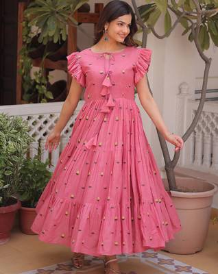 Pretty Pink Floral Embroidered Cotton Office Wear Dress 4