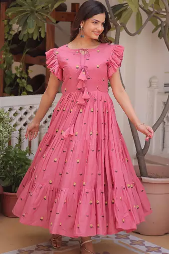 Pretty Pink Floral Embroidered Cotton Office Wear Dress