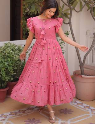 Pretty Pink Floral Embroidered Cotton Office Wear Dress 5