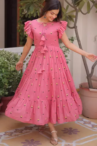 Pretty Pink Floral Embroidered Cotton Office Wear Dress