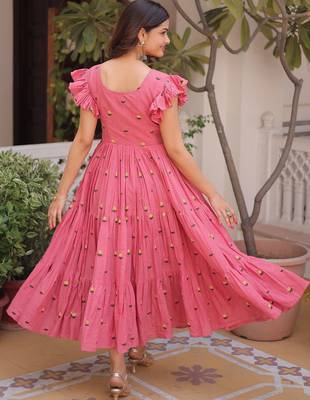 Pretty Pink Floral Embroidered Cotton Office Wear Dress 6