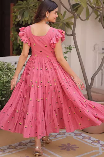 Pretty Pink Floral Embroidered Cotton Office Wear Dress