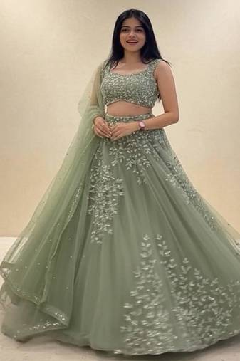 Pista Green Net Embroidered Lehenga Choli Set With Dupatta