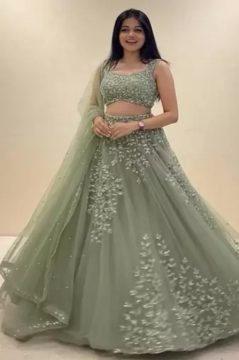 Pista Green Net Embroidered Lehenga Choli Set With Dupatta