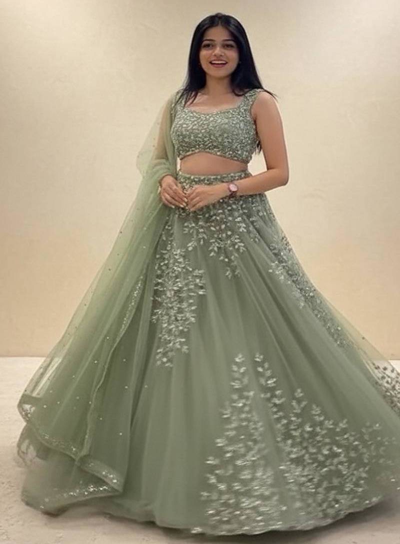 Pista Green Net Embroidered Lehenga Choli Set With Dupatta