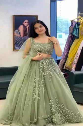 Pista Green Net Embroidered Lehenga Choli Set With Dupatta