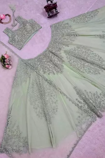 Pista Green Net Embroidered Lehenga Choli Set With Dupatta